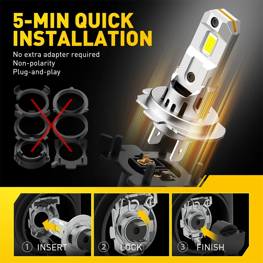 AUXITO 2Pcs 60W H7 LED Lights High Power 1:1 Mini Size Car Lights Auto Head Lamp Wireless H7 Turbo Led 12V 6500K Car LED Bulb