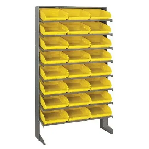 

Quantum QPRS-109YL Double-Sided Display Sloped Pick Rack for Warehouse Retail Store | 400 lbs Capacity | (24) QSB109 Yellow Bins