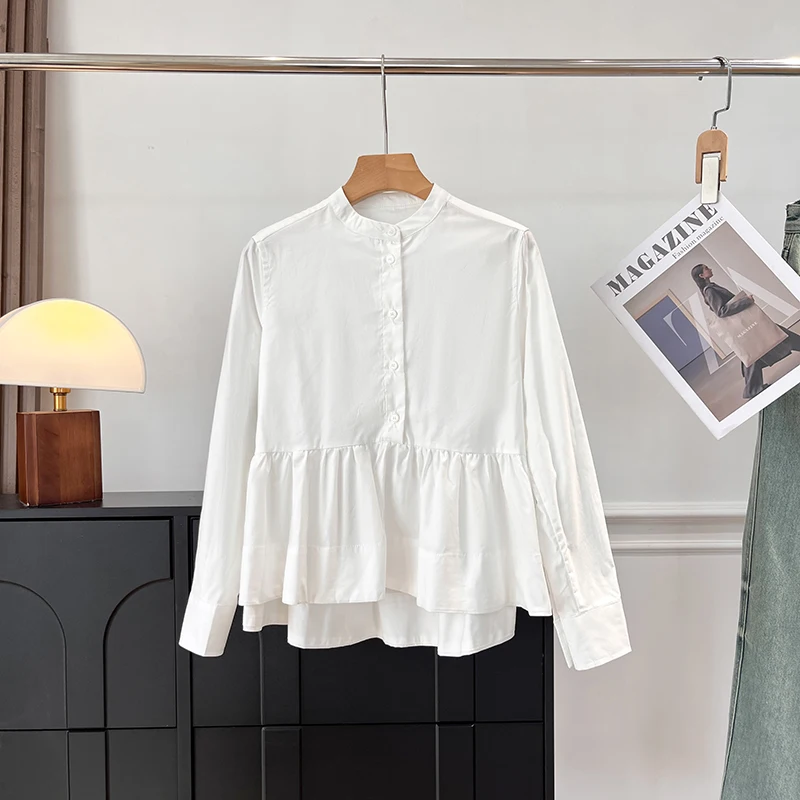 

Wood Giant 790 White Doll Shirt round Neck Long Sleeve Loose Hemline Women's Autumn Winter Style Simple Fashion Ladies Shirt