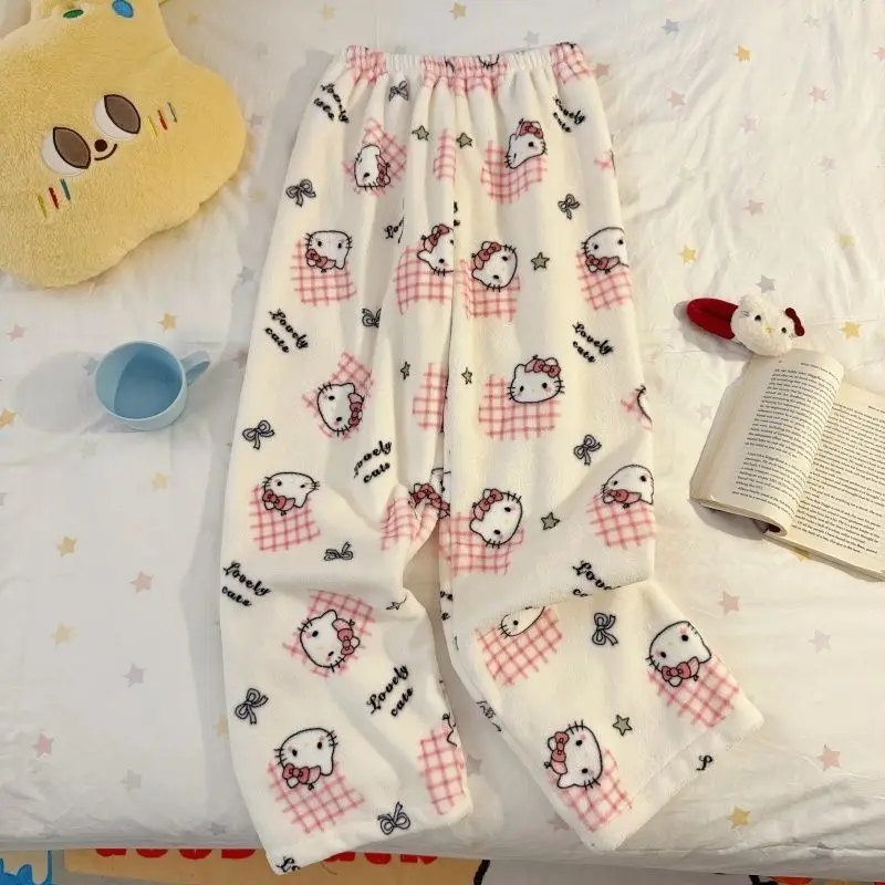 Sanrio 헬로 키티 여성 Y2K 파자마 바지 카와이 만화 겨울 따뜻한 잠옷 바지 산호 양털 잠옷 바지 홈웨어 New