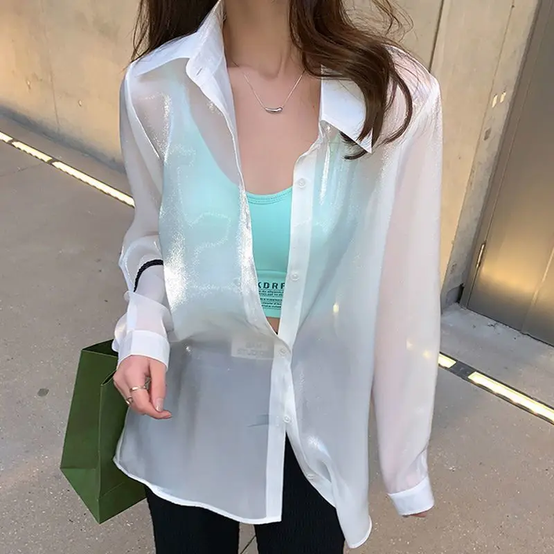 Summer Woman Clothes Long Sleeve Shirt Ins Elegant Polo-neck Thin Chic All-match Solid Color Simplicity Elegant Trend Fashion