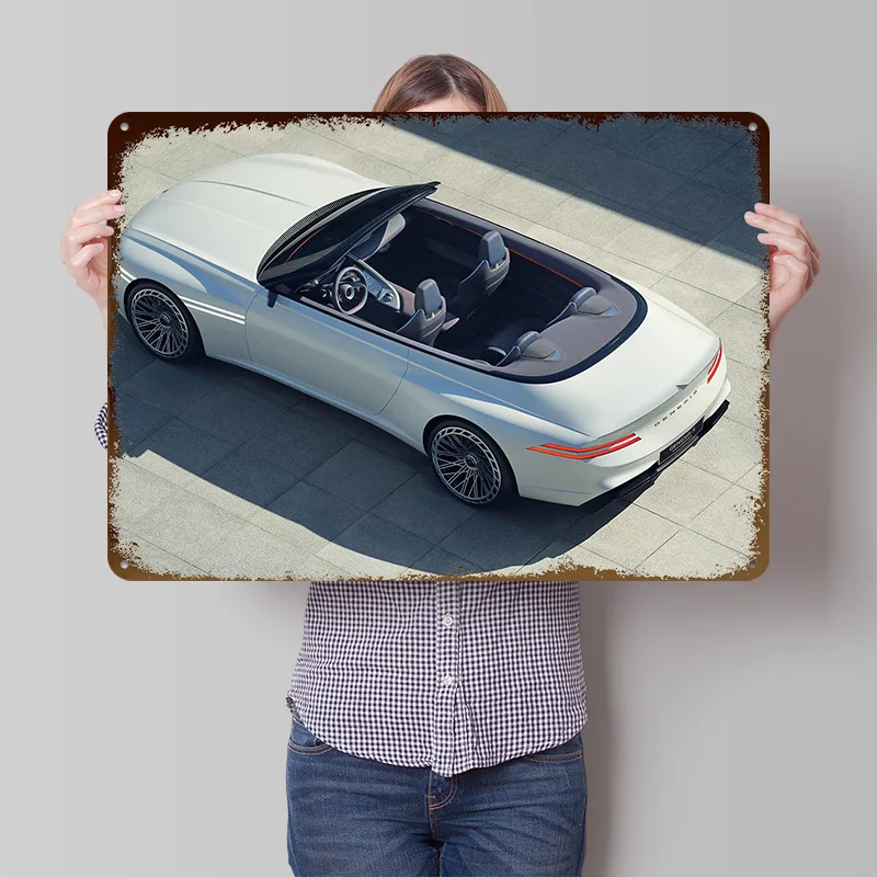 White Convertible Concept Car Metal Poster Customized Wall Art Retro Vintage Tinplate Signs for Bar Accessories Desk Decor Room