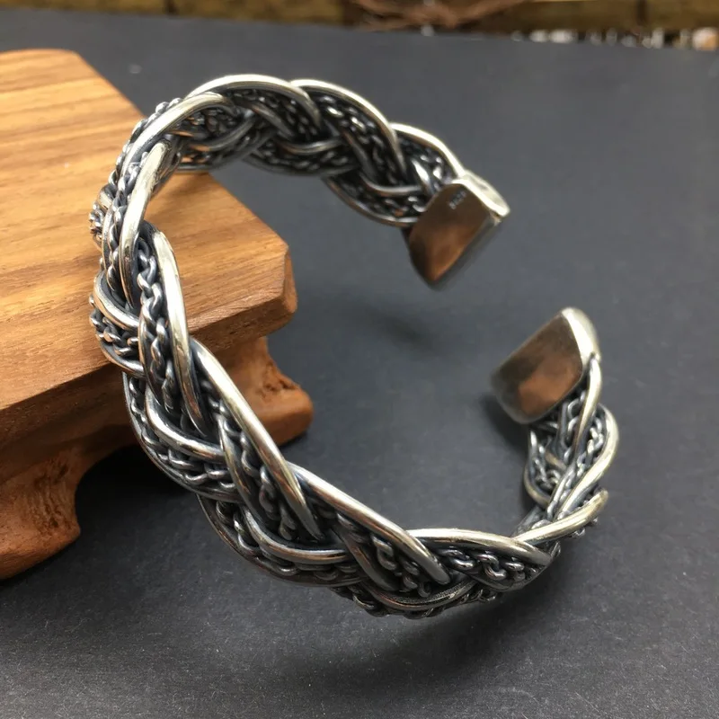 New S925 Silver Hand-Woven Twisted Open Vintage Bracelet Men And Women, Fashionable