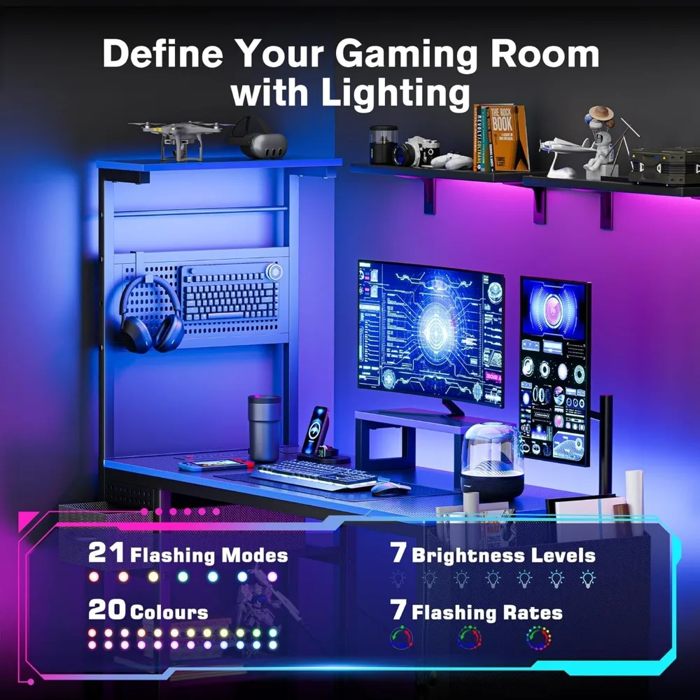 مكتب ألعاب مقاس 47 بوصة مع رف تخزين بإضاءة LED قابل للتعديل، ولوحة بيجبورد صغيرة يمكنك صنعها بنفسك، ودرج لألعاب الكمبيوتر وتنظيمها