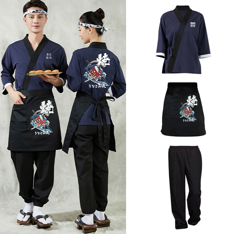Uniforme de cuisine de Style japonais, 2/3 pièces chemises avec tablier, Kimono unisexe, pantalon de Chef de service alimentaire, salopette de serveur de Restaurant de Sushi