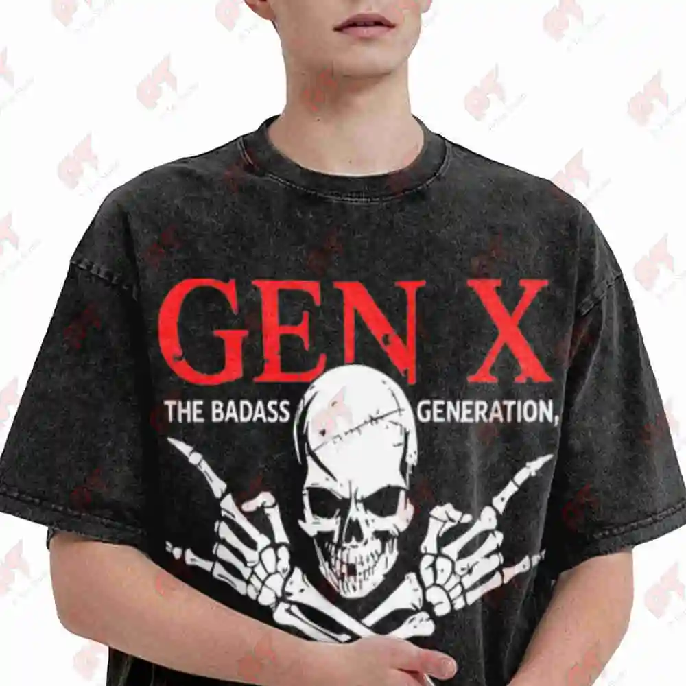Gen X The Badass Generation Rebel Skull Guns Vintage Washed Tee Pure Cotton T-Shirt