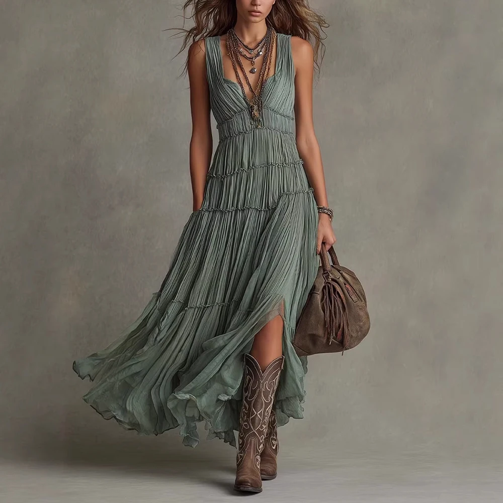 Damen Boho Ärmelloses V-Ausschnitt Stufenkleid mit Falten, Rüschen-Chiffon, Fließender Saum, Vintage Country Casual Western Langes Kleid