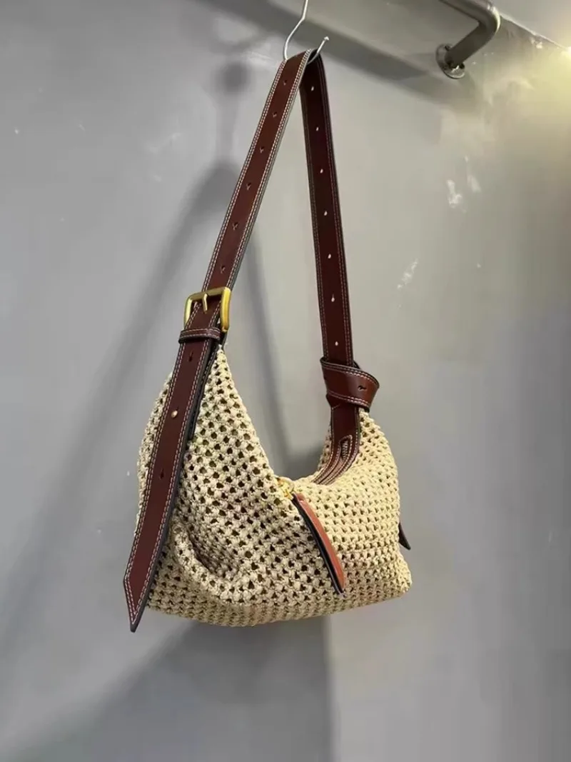 Straw Lunch Box Bag Genuine Leather Straps Hollow Out Woven Bag Beach Style Zipper Handbags Vintage Casual Mini Purse Clutch