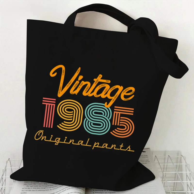 Vintage 1984 Pattern Canvas Shoulder Bag Retro 1980~1989 Pattern Shopper Bag Versatile Storage Bag Reusable Foldable Handbag