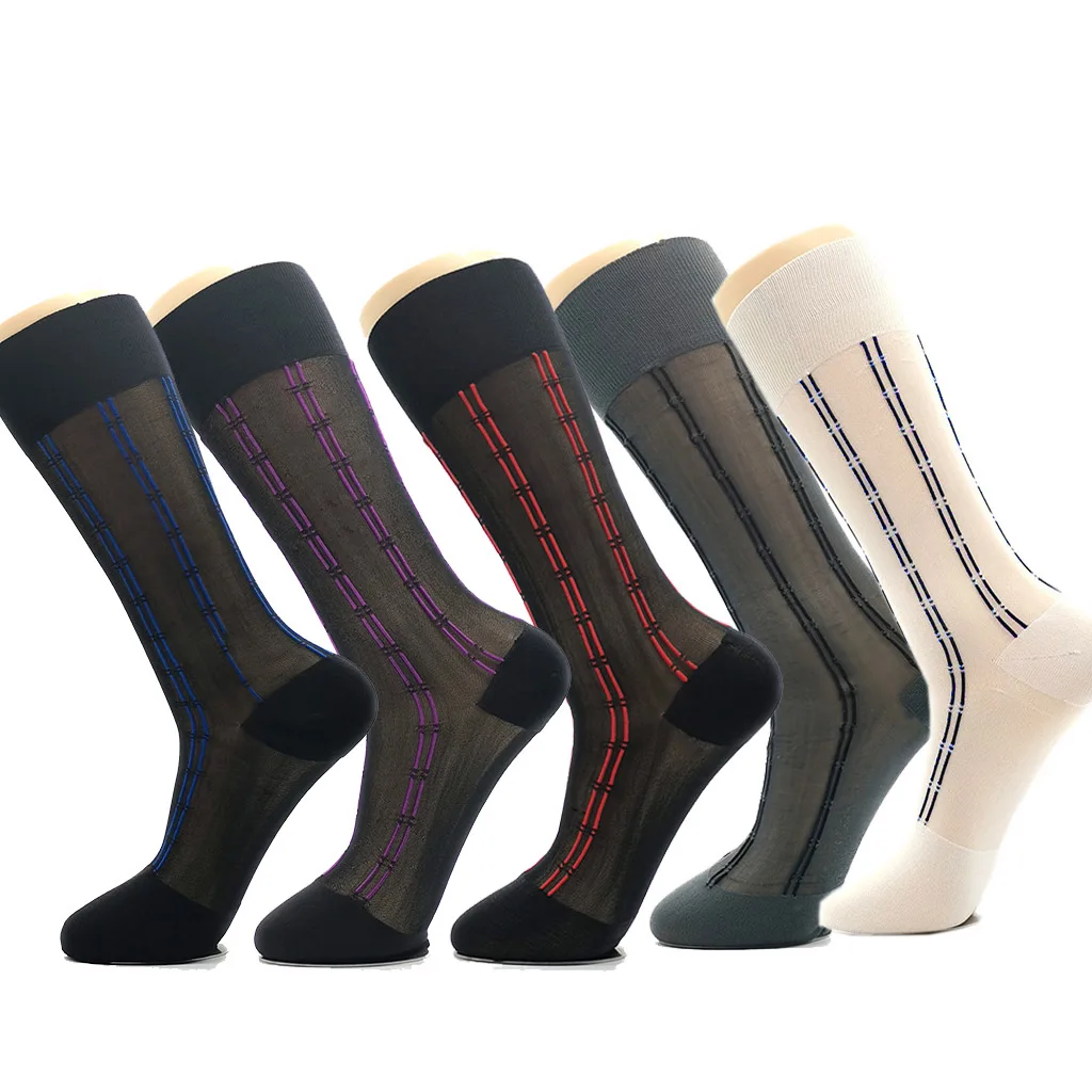 

6 Pairs Large Men's Brand Silk Socks High Quality Business Polyamide Sheer Sock Spring Summer Long Vertical Striped Dress Socks