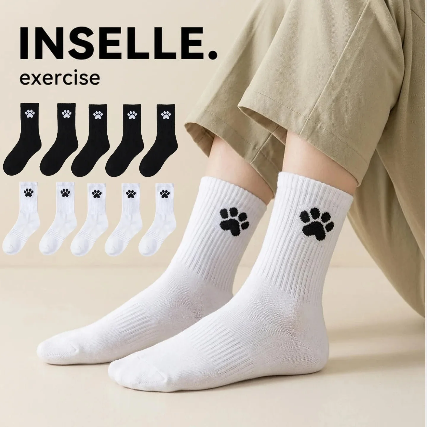 INSELLE Cat Claw Embroidery Middle Tube Stacked Socks Women's Black and White Solid Color Anti slip Non falling Tube Looks