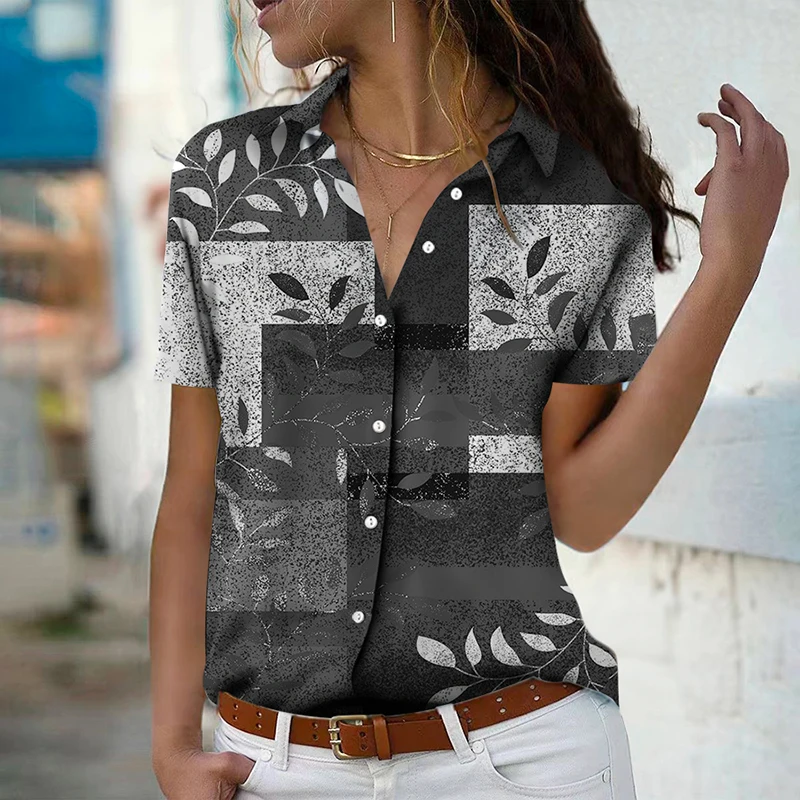 Women Leaf Lattice 3D Print Blouse Retro Streetwear Elegant Short Sleeve Shirt Woman Oversized Summer Button Tops Loose Shirts