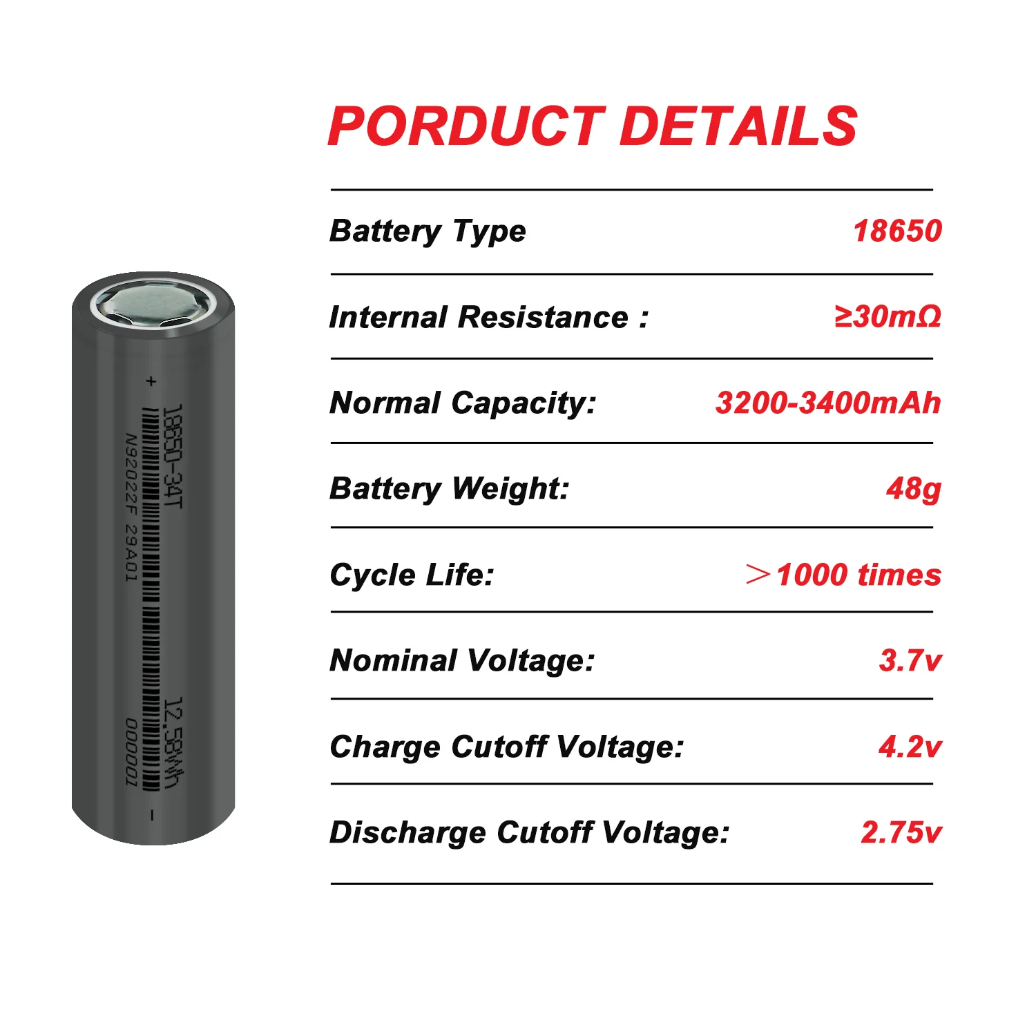 Bateria Li-ion Recarregável Original para Power Bank, Baterias Lanterna, Baterias Toy, 3.7V, 3400mAh, Descarga 1C, 18650, Novo