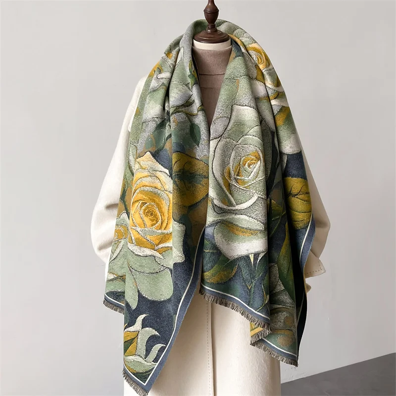 Luxury Warm Poncho Cashmere Winter Women Scarf Floral Print Shawl Wraps Female Thick Pashmina Blanket Bufanda Travel Echarpe