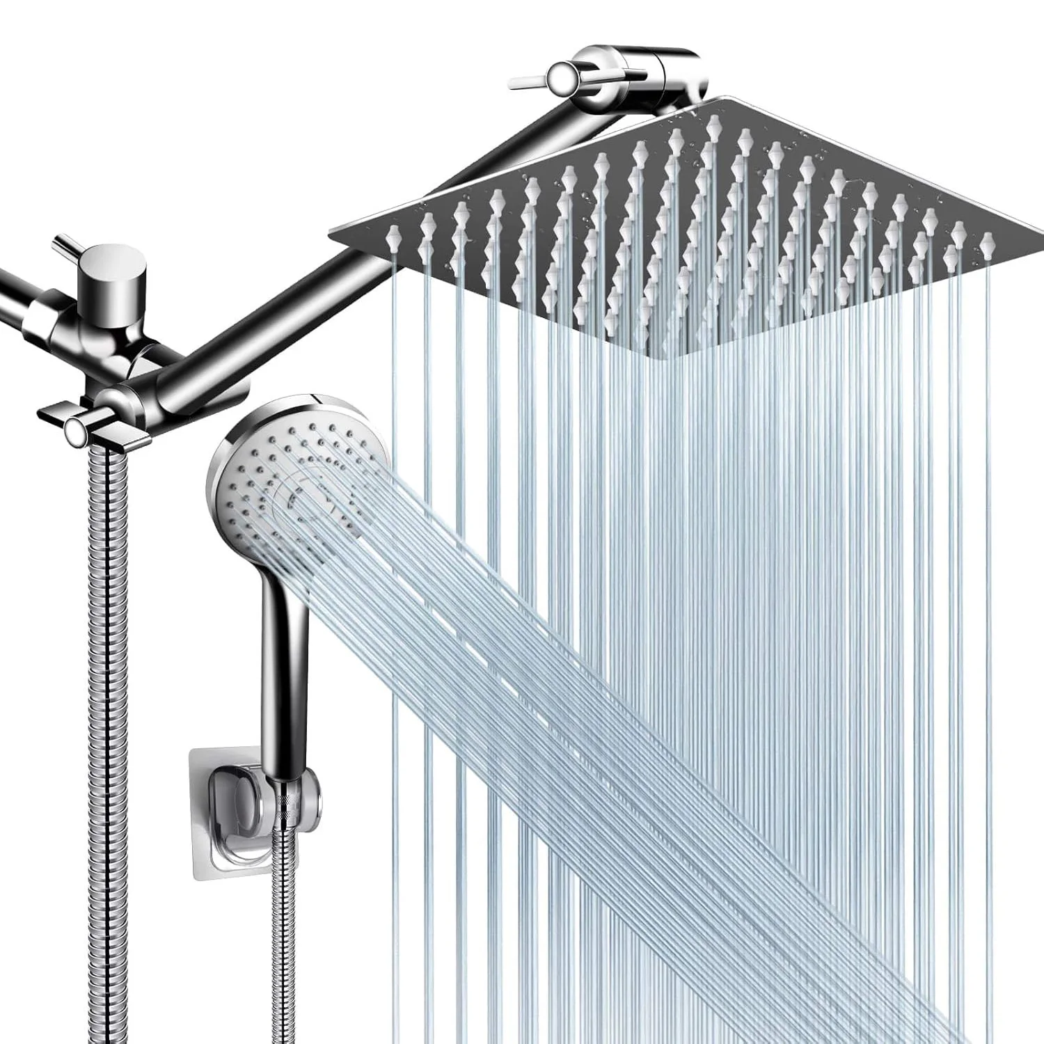Shower Head Combo, 8 Inch High Pressure Rain with 11 Inch Adjustable Extension Arm and 5 Settings Handheld, Powerful Spray Again