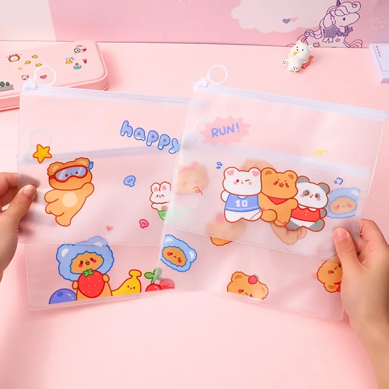 Cute Bear File Bag Student Desktop Stationery Storage Zipper Bag Cartoon Transparent Waterproof Test Paper Sundries Bag