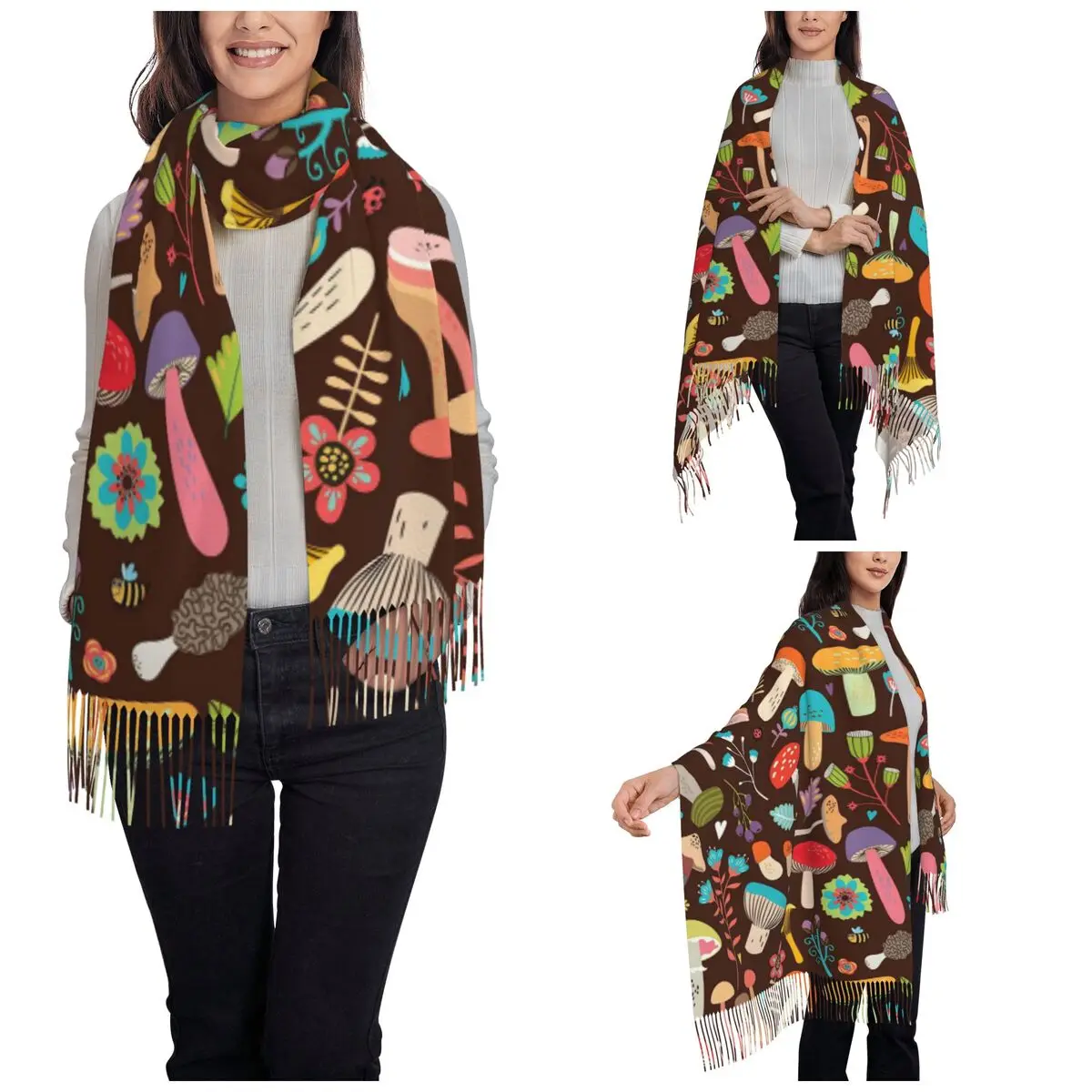 Women's Tassel Scarf Fall Mushrooms Single-sided Pattern Winter Fall Shawl Wrap Gifts Pashmina Scarves