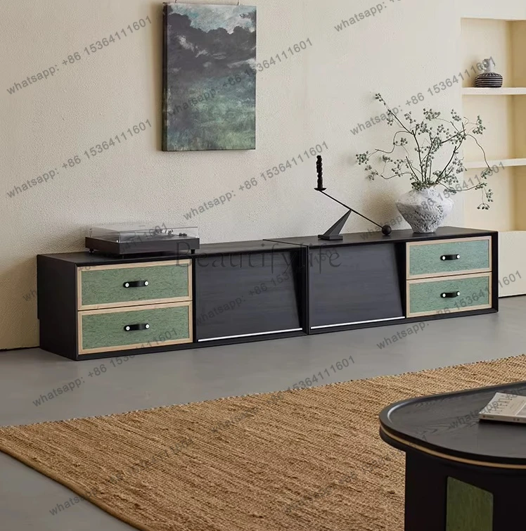 Solid wood TV cabinet living room household floor-to-ceiling second-hand storage integrated black ash wood floor cabinet