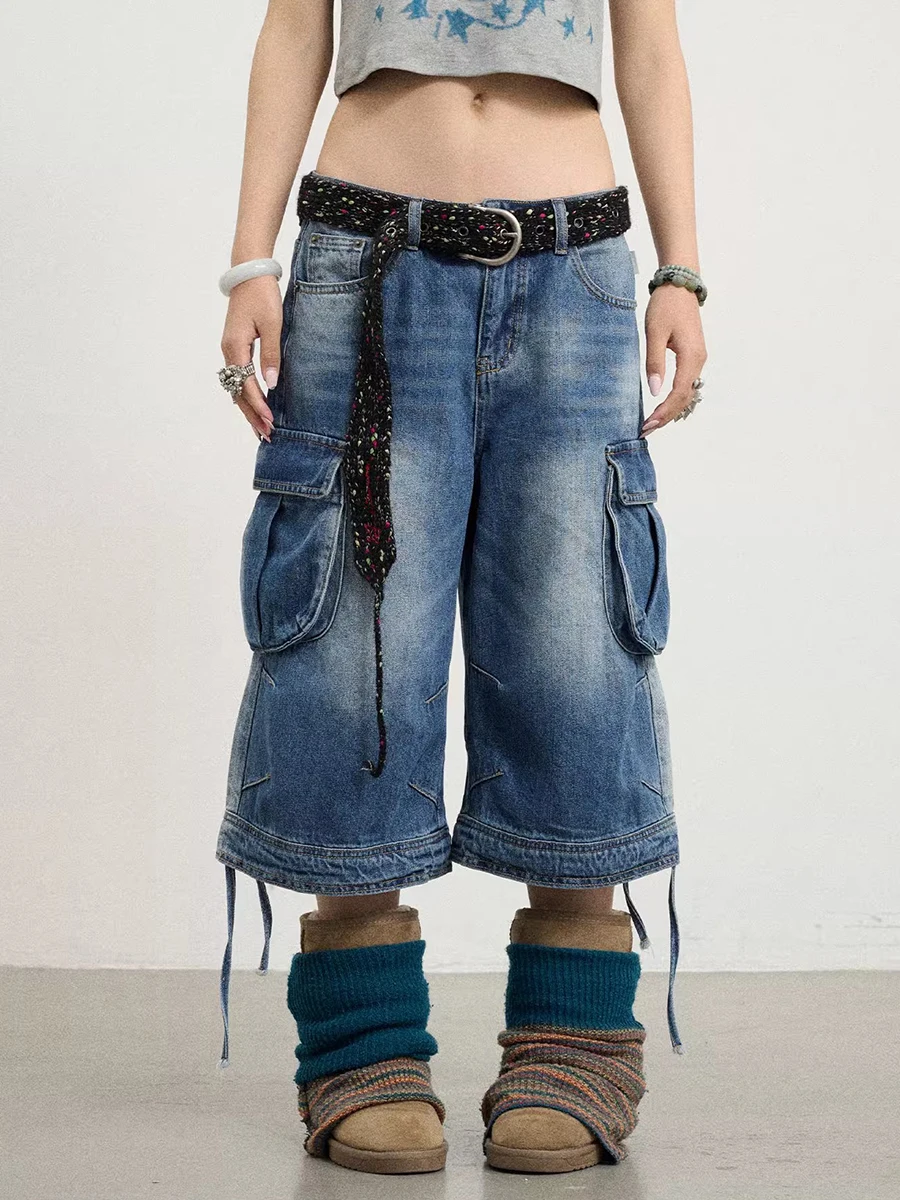REDDACHiC Boyfriend Cargo Tasche Bermuda Pantaloni Donna Uomo Pantaloncini di jeans Do Old Coulisse Jeans larghi Anni '90 Skater Y2k Streetwear