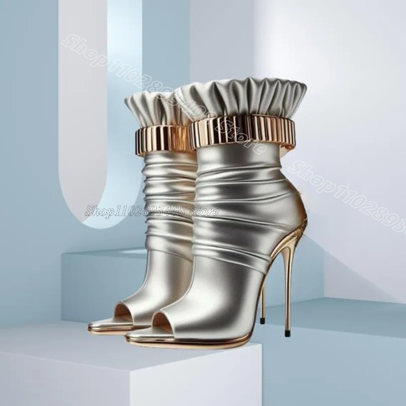 

Silver Buckle Peep Toe Boots Trim Stiletto Stylish Side Zipper British Style Women Casual Dress Sandal Boots Zapatos Para Mujere
