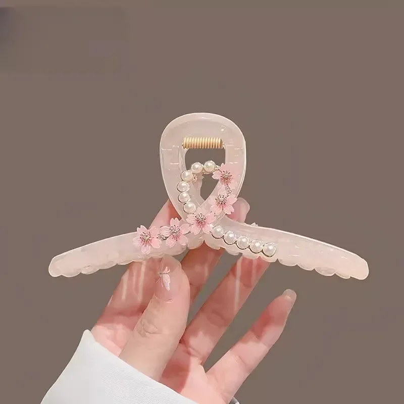 Pinza para el cabello elegante con perlas Sakura, flor de alta gama, agarre grande para el cabello, pinza para el cabello acrílica, estilo francés, accesorios para el cabello a la moda para mujer