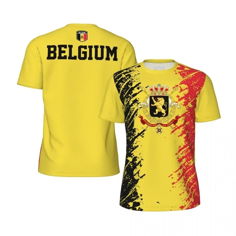 Unisex Belgium National Flag Coat of Arms Print Quick Dry T-shirt Casual Patriotic Outdoor Short Sleeve Tops