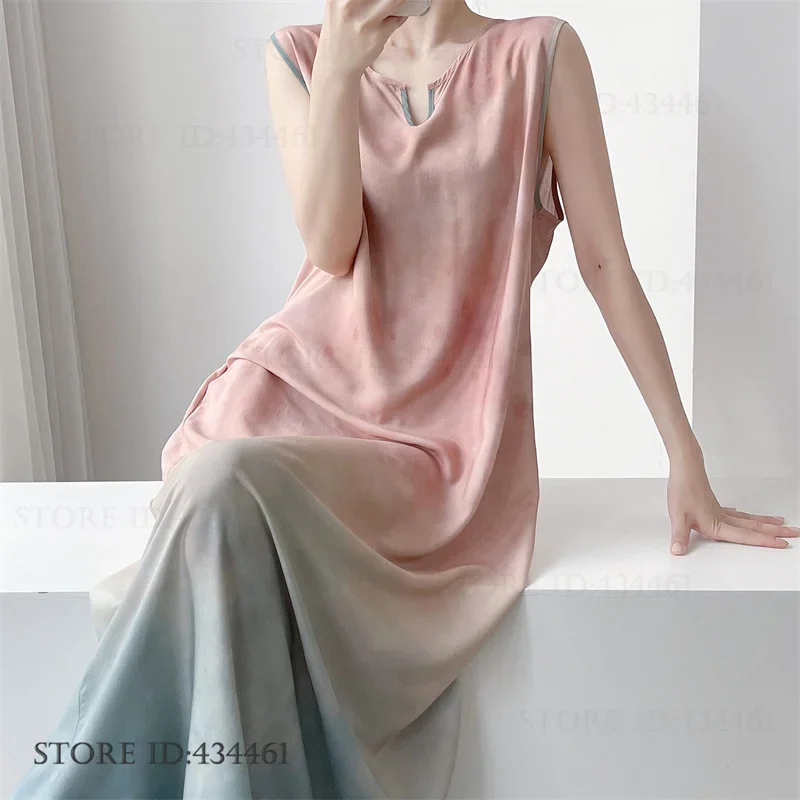 

Big Size Womens Nightgown Sexy Sleeveless Long Nightdress Loungewear Chinese Style Ice Silk Sleepwear Home Clothes Loose Nightie