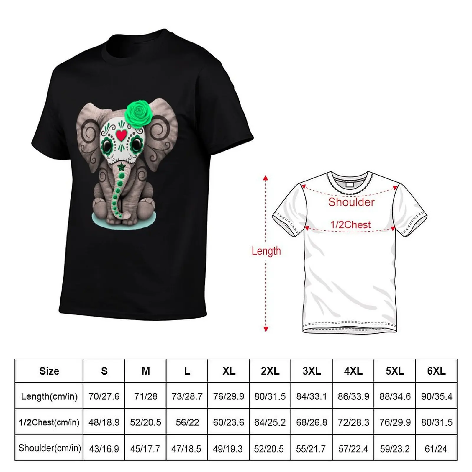 Sugar Skull Green Rose Elephant Day Of The Dead Halloween T-Shirt t shirts cotton 100% T-Shirt