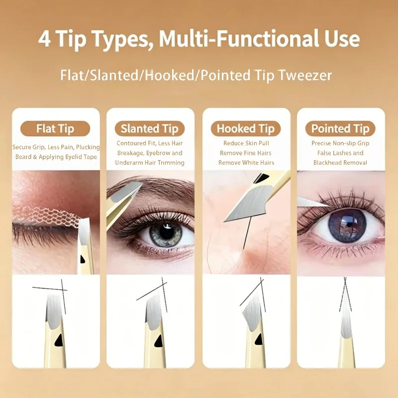 4PCS Hollow Cloud Eyebrow Tweezers Set Stainless Steel Flat Slant Hooked Pointed Tip Hair Removal Tool for Daily Beauty