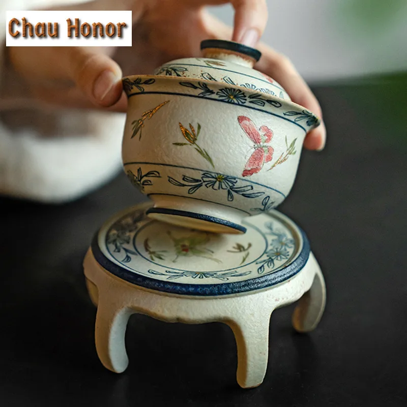 Blue And White Flint Red Teapot Cover Holder Hand Gold Drawing Butterfly Orchid Cover Frame Zisha Pot Bearing Base Tea Ceremony - view 2