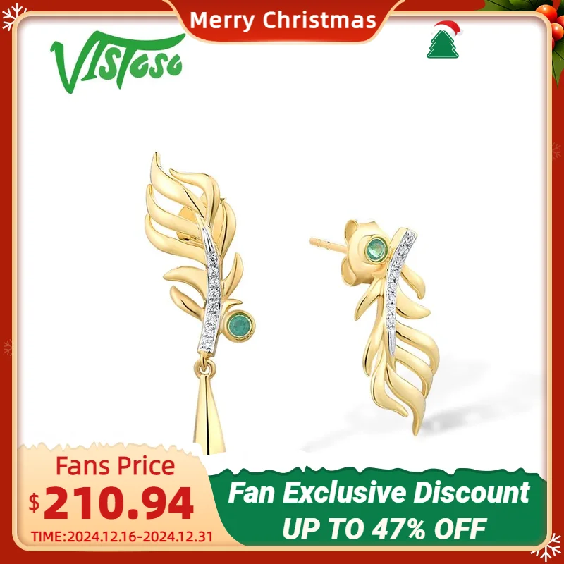 VISTOSO Genuine 14K 585 Yellow Gold Stud Earrings For Women Natural Emerald Diamond Leaves Asymmetric Earrings Chic Fine Jewelry