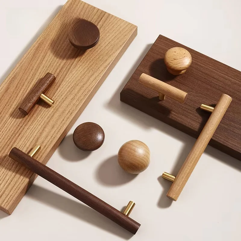 Nordic Walnut Wood Handle T Bar Drawer Knob Cupboard Long Pulls Kitchen Cabinet Handle Furniture Decorate Pulls and Knob