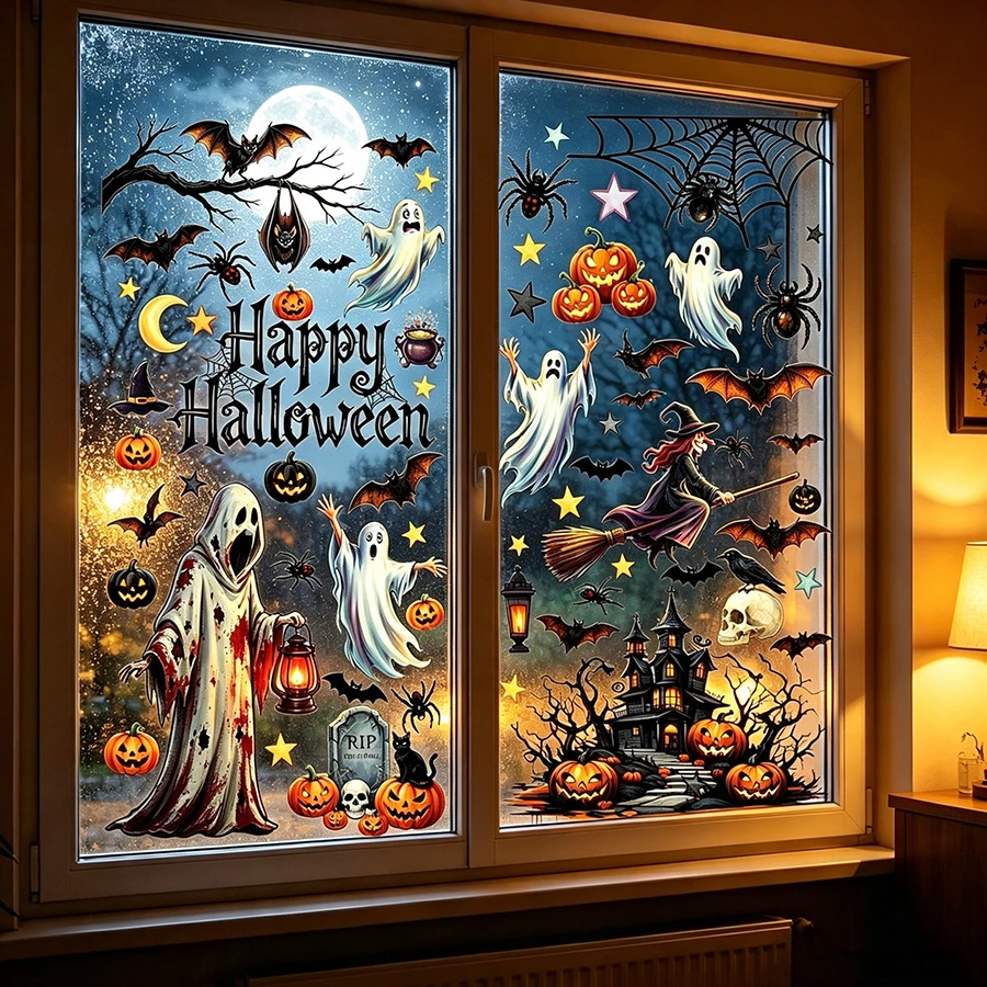 Halloween Fensterglas-Aufkleber Cartoon Kürbis Laterne Süßigkeiten Fledermaus Totenkopf Hexenhut Statische Aufkleber Fröhlicher Halloween-Tag Party-Deko