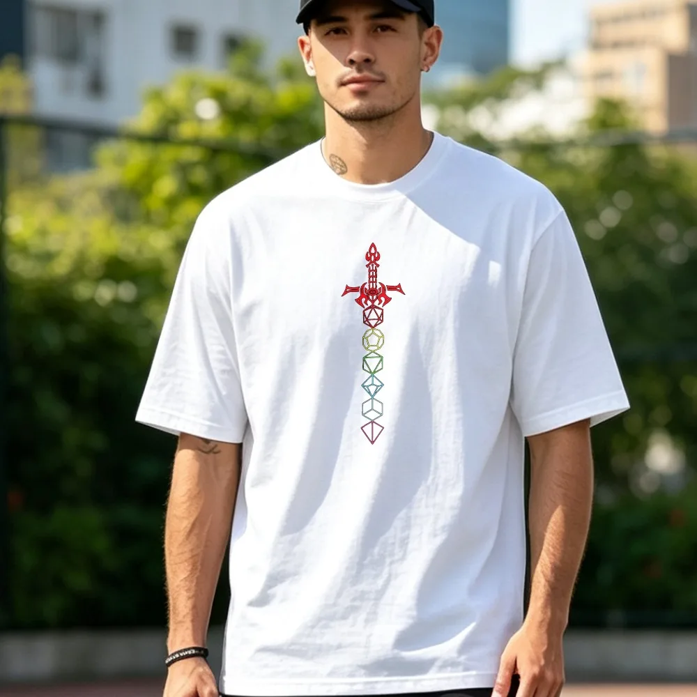 DND Polyhedral Dice Sword Rainbow Graphic Tshirt RPG Tabletop Game Tees Fantasy Sword Print Short Sleeve Casual Tops Gamer Gift