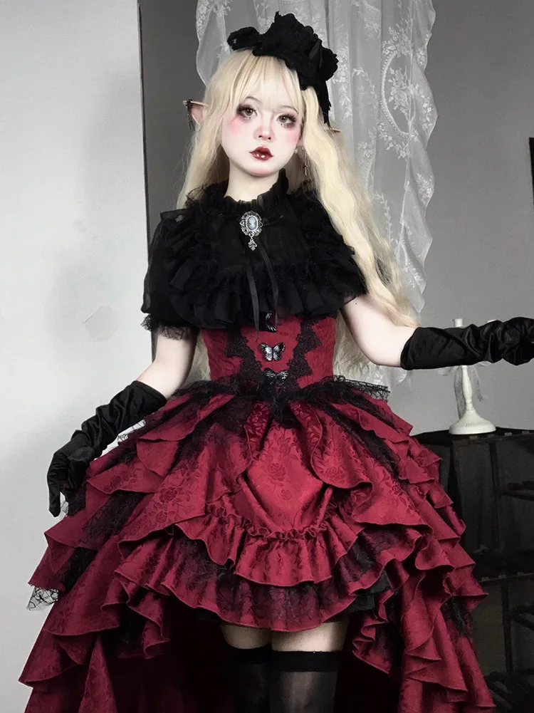 2024 Dark Gothic Lolita Black Shirt Red Pull up Top Shirt Skirt Set Lolita Asymmetric half skirt two-piece set