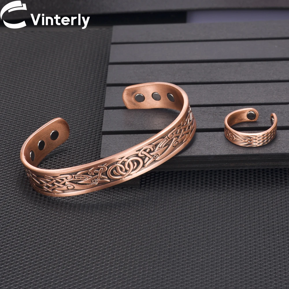 Vinterly Magnetic Copper Bracelet Ring Health Energy Jewelry Sets for Women Men Vintage Adjustable Cuff Ring Bracelets Bangles