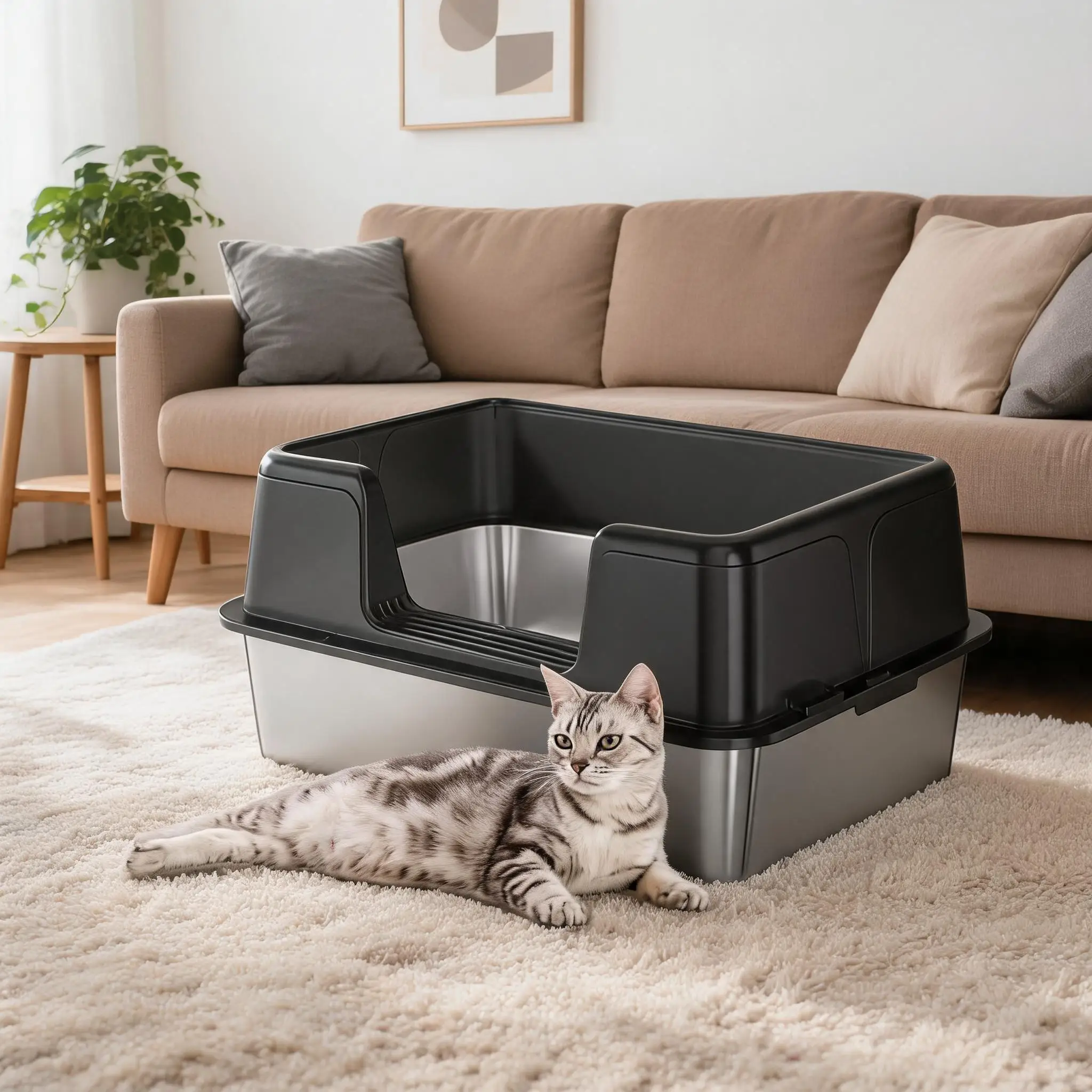 Image of Edelstahl-Katzenstreubox mit hohen Seitenwänden und abnehmbarem Spritzschutz, spritzwassergeschützt und auslaufsicher, leicht zu reinigende rutschfeste Streubox - Edelstahl