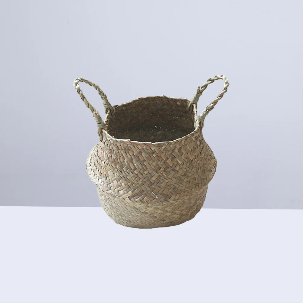 

S Lightweight Stackable Seaweed Rattan Basket Dual Handle Flower Pot Storage Container Natural Handwoven Decoration for Bathroom