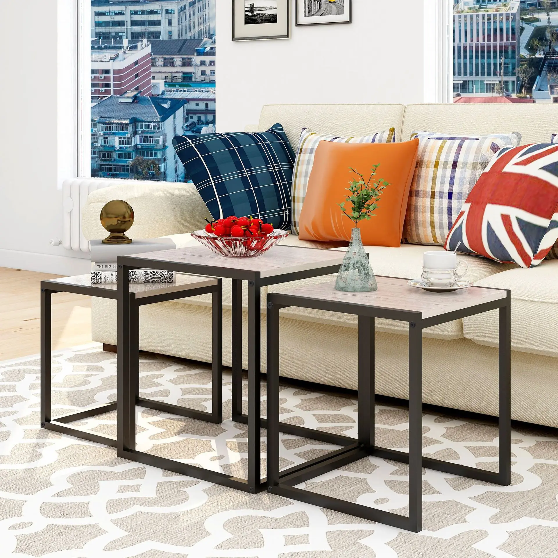 American simple steel and wood structure, living room combination coffee table
