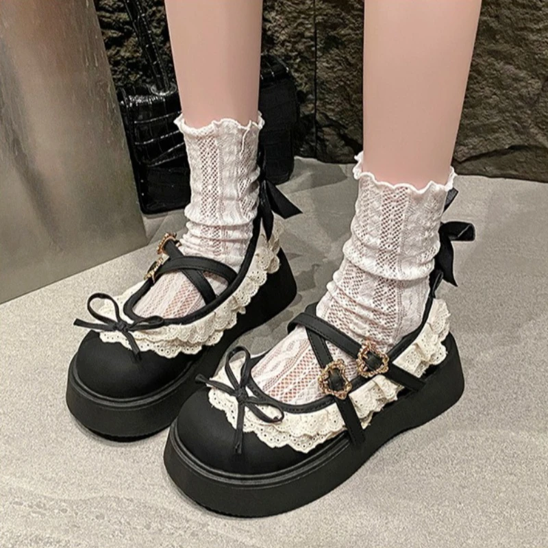 

Туфли на толстой подошве с бантом и кружевом на весну и лето, новые простые удобные милые женские туфли с низким вырезом