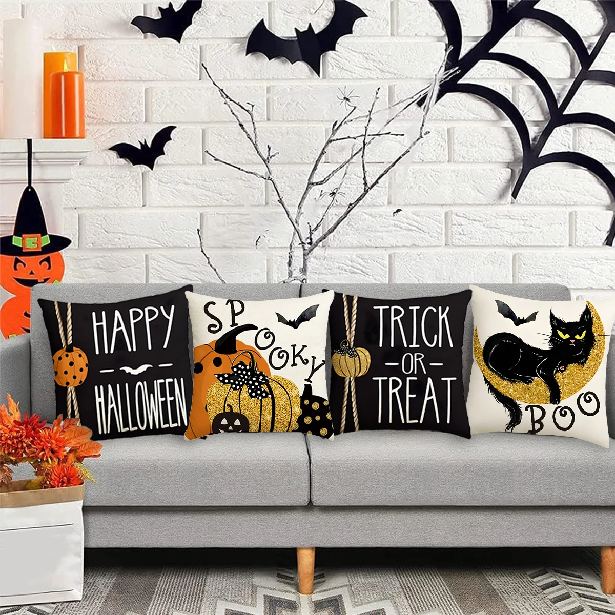 Halloween Pumpkin Cat Pillowcase Happy Halloween Party Decorations For Home 2024 Trick Or Treat Bat Spider BOO Cushion Covers