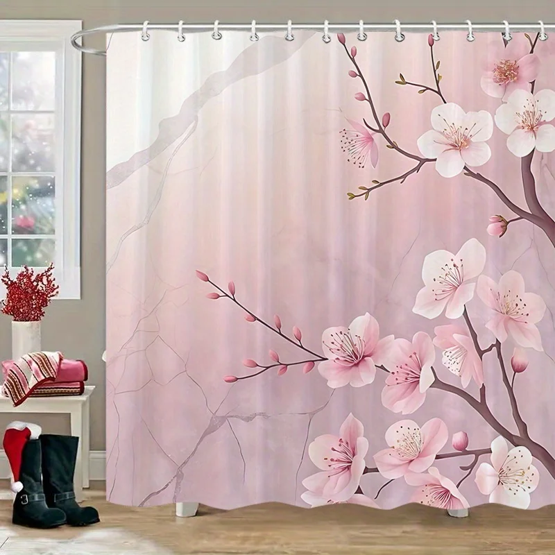 

Занавеска для душа с рисунком розового вишни, полиэфирная ткань, можно стирать в машине, с крючками, подходит для украшения ванной комнаты.