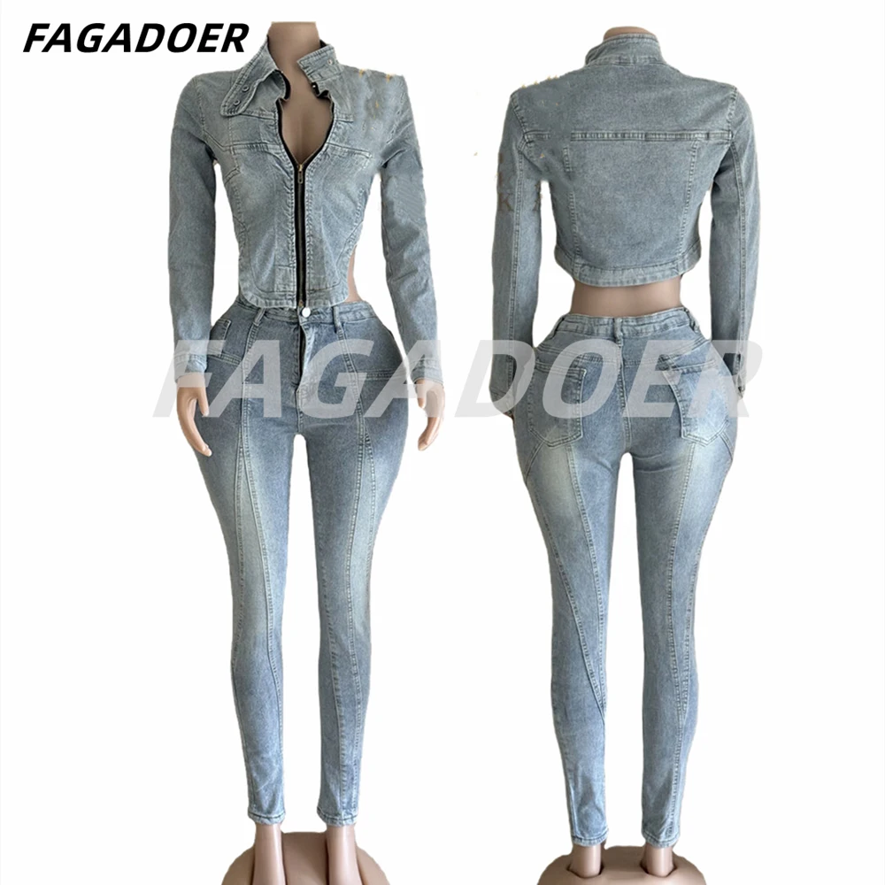 FAGADOER Sexy Denim 2 Piece Set Outfit Retro Y2k Streetwear Zip Stretchy Slim Jackets and Jeans Pant Sets Autumn New Clothing