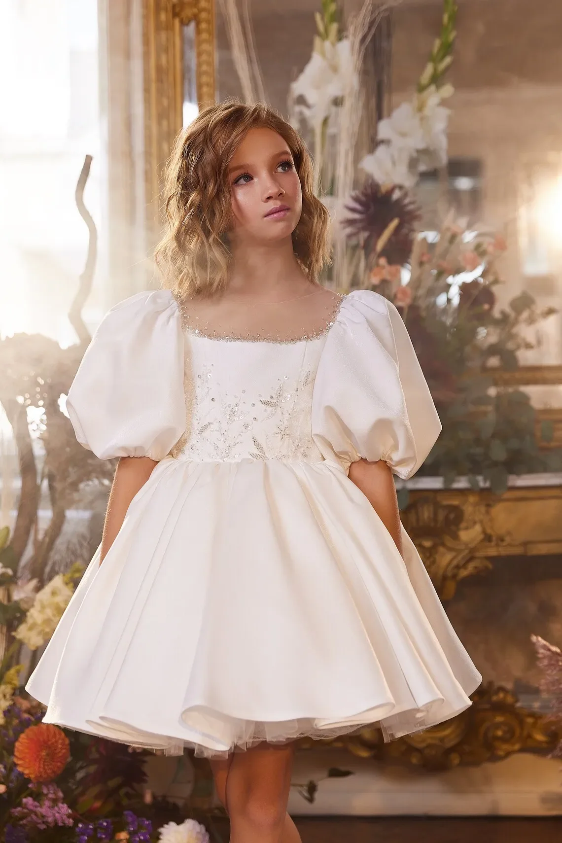 Puffy Sequins Flower Girl Dress For Wedding Short Sleeve Ivory Satin Princess Party Dress First Communion Dress Ball Gown