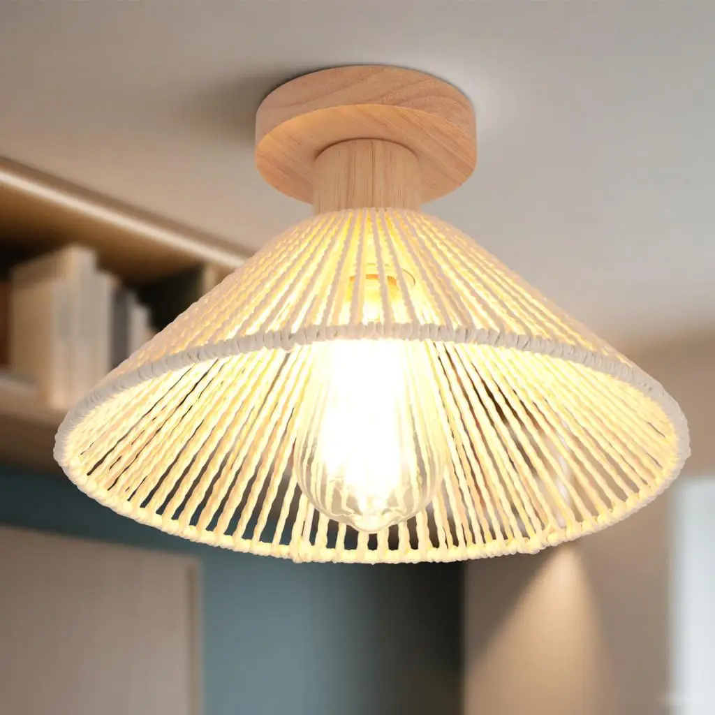 Japanese-style Hemp Rope Ceiling Light Chandelier Handmade Rattan Weaving Wood Ceiling Lamp Living Room Bedroom Home Decor E27