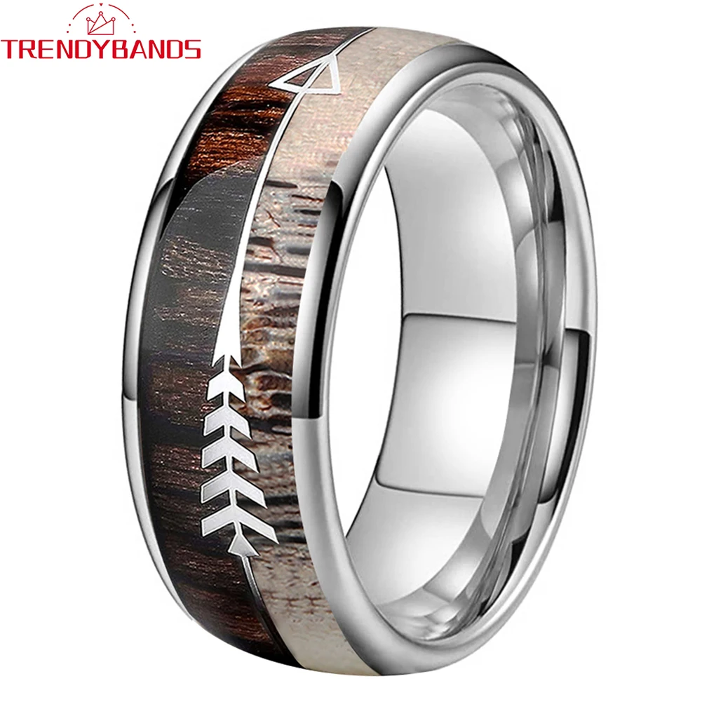 8mm Natural Dear Antler Rings Men Women Tungsten Wedding Rings with Zebra Wood Antler Arrows Inlay Comfort Fit