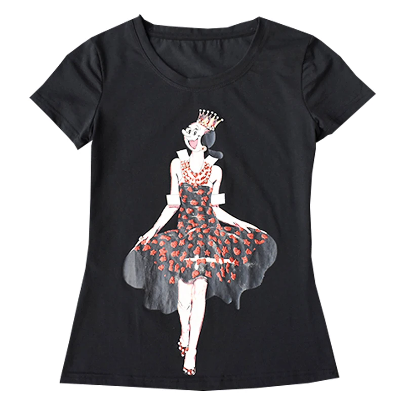 

New Fashion T shirts for Women Cotton Dancing Girl Print Cartoon White Black Tees Casual Style Female Shirt Tops Hot Sale