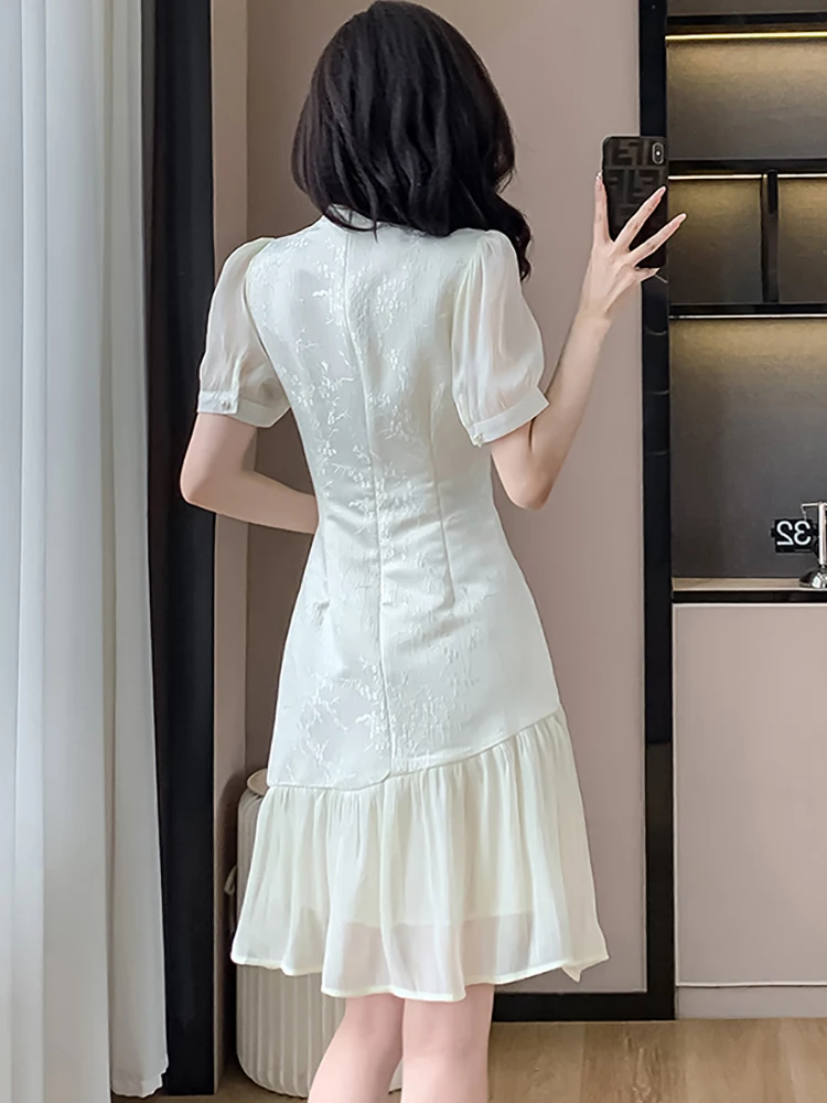 White Jacquard Patchwork Ruffled Midi Dress Women Summer Short Sleeve Bodycon Casual Home Dress 2024 Korean Elegant Luxury Dress