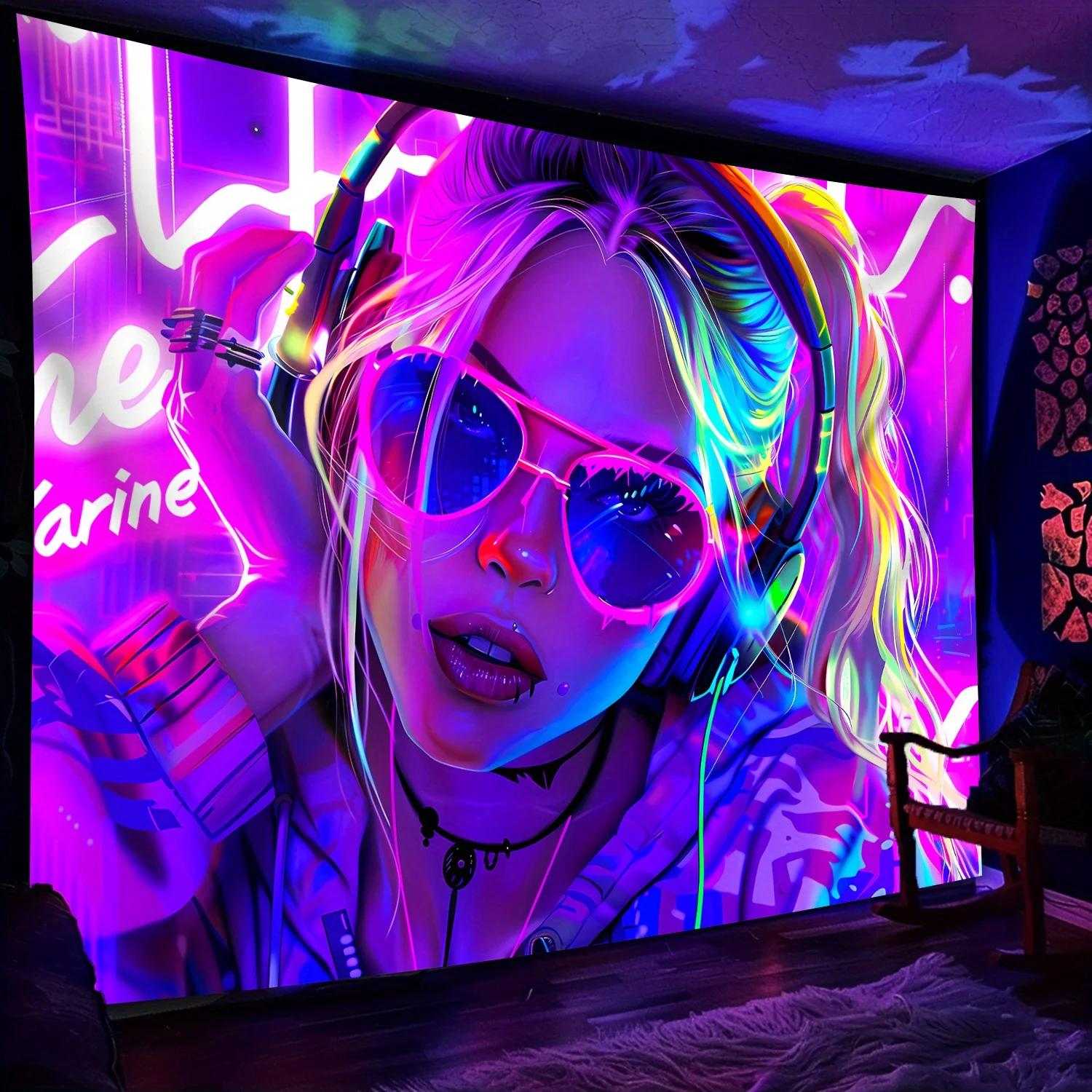 Cyberpunk DJ Girl Tapestry - Neon Headphones & Sunglasses Art, Electronic Music Wall Decor Street Style Polyester Multiple Sizes