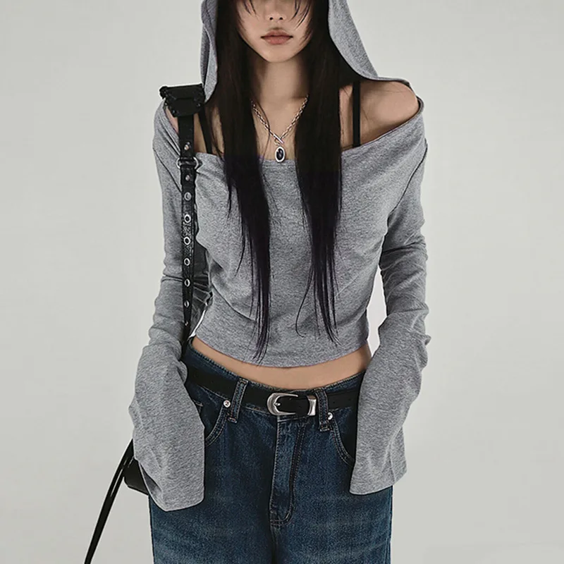 

Grunge Style Hooded Top Grey Long Sleeve T-shirts Slim-fitting Casual Basic Tees Chic Elegant Knitted Pullovers Autumn